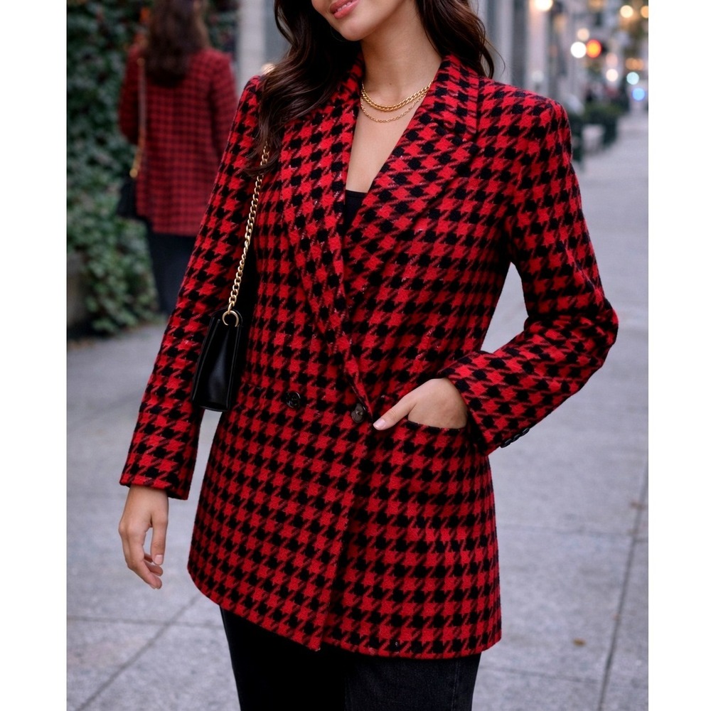 Vintage Giorgio Sant Angelo Wool Red Black Houndstooth Blazer Womens Size 8